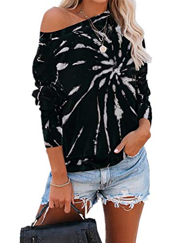 Women Off Shoulder Long Sleeve Tie Dye Blouse Multi Color Sweatshirt