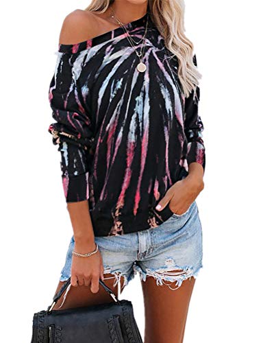 Women Off Shoulder Long Sleeve Tie Dye Blouse Multi Color Sweatshirt
