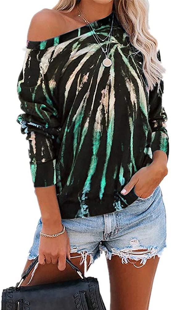Women Off Shoulder Long Sleeve Tie Dye Blouse Multi Color Sweatshirt