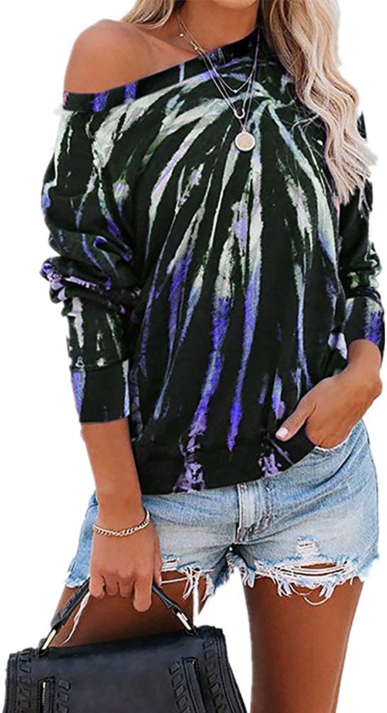 Women Off Shoulder Long Sleeve Tie Dye Blouse Multi Color Sweatshirt