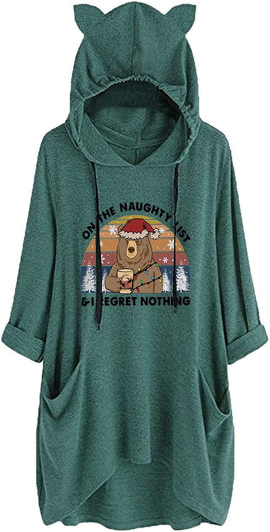 Women on The Naughty List and I Regret Nothing Funny Christmas Bear Hoodies Tops