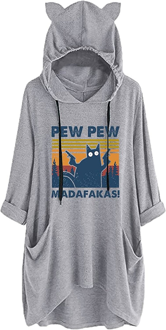 Women Pew-Pew Madafakas Hoodies Funny Pew-Pew Cat Shirt with Cat Ears and Pockets