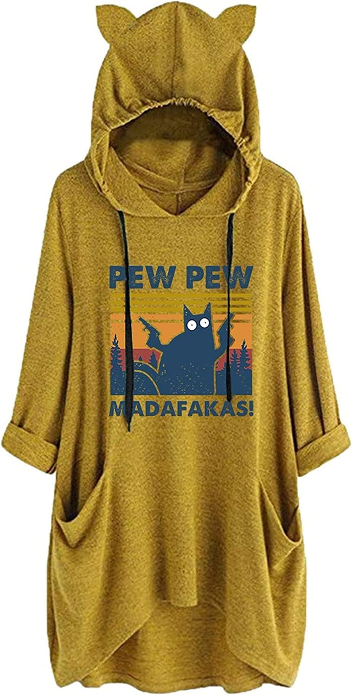 Women Pew-Pew Madafakas Hoodies Funny Pew-Pew Cat Shirt with Cat Ears and Pockets