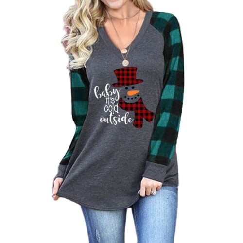 Women Plaid Christmas Snowman V-Neck Long Sleeve Shirt Baby It's Cold Outside Blouse