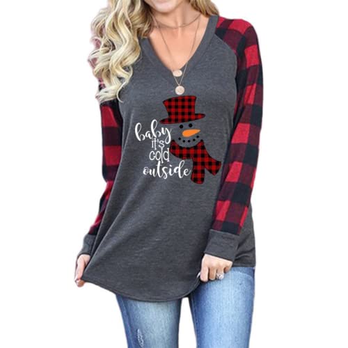 Women Plaid Christmas Snowman V-Neck Long Sleeve Shirt Baby It's Cold Outside Blouse