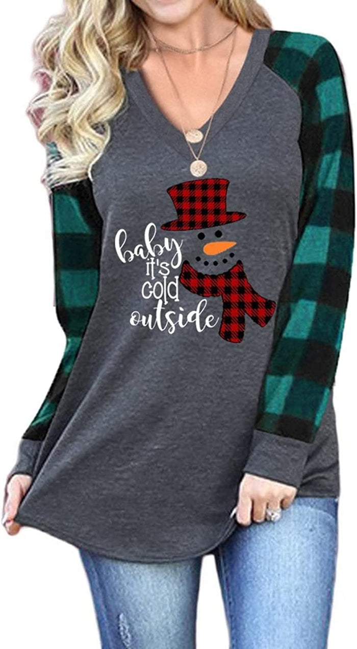 Women Plaid Christmas Snowman V-Neck Long Sleeve Shirt Baby It's Cold Outside Blouse
