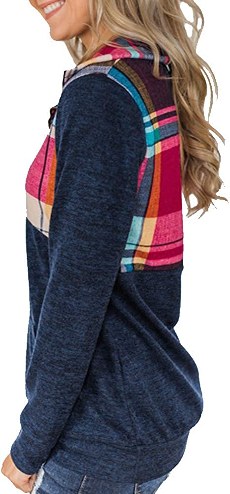 Women Plaid Zipper Long Sleeve Sweatshirt with Pockets