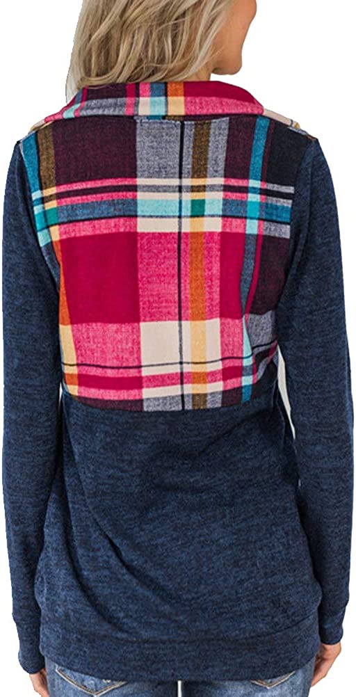Women Plaid Zipper Long Sleeve Sweatshirt with Pockets