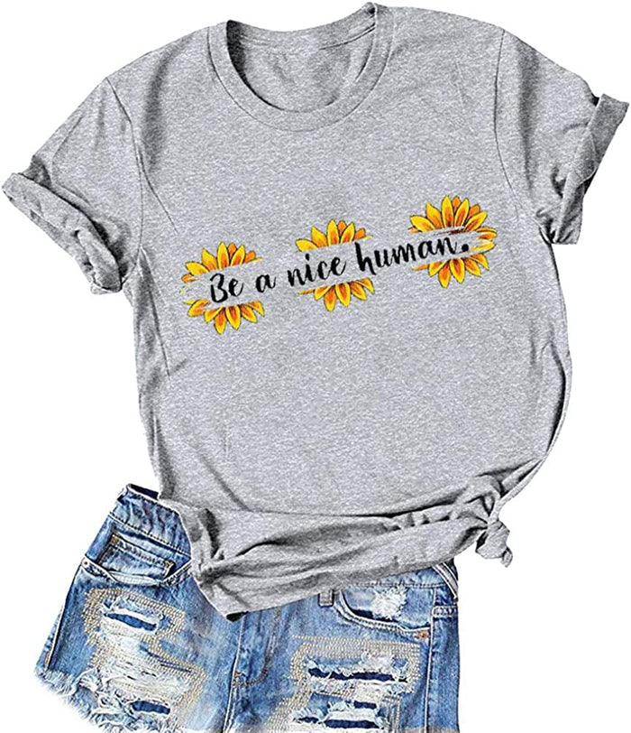 Women Retro Be A Nice Human T-Shirt Sunflowers Shirt