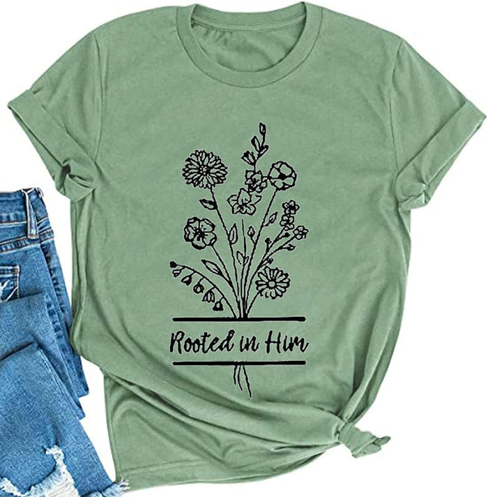 Women Rooted in Him T-Shirt Gift for Jesus Believer Faith Based Shirt