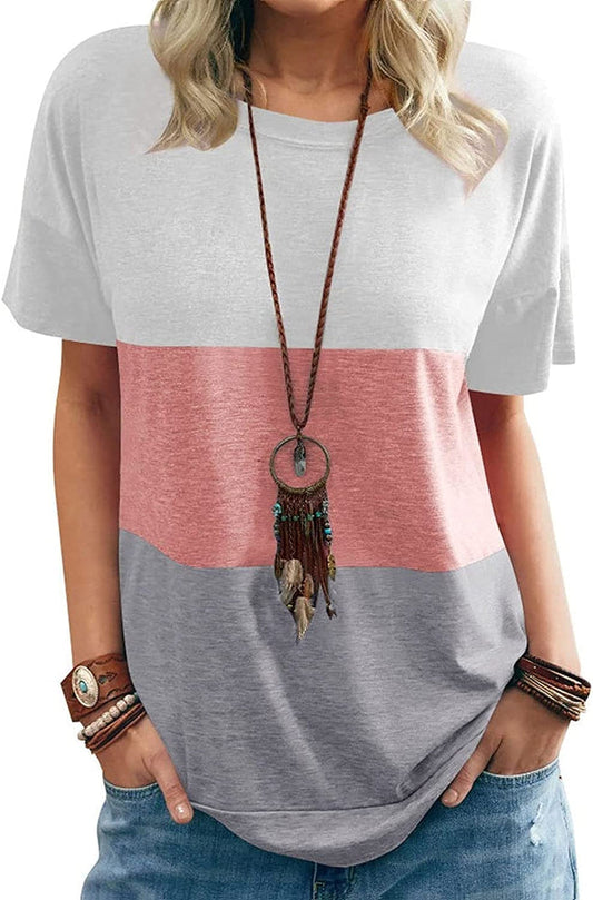 Women Round Neck Triple Color Block T-Shirt Tunic Shirt