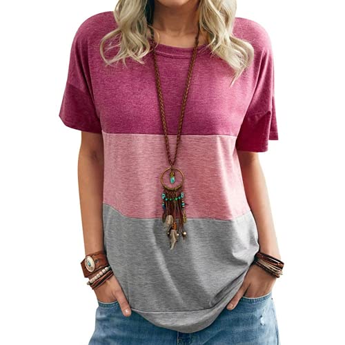 Women Round Neck Triple Color Block T-Shirt Tunic Shirt