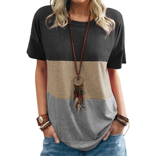 Women Round Neck Triple Color Block T-Shirt Tunic Shirt