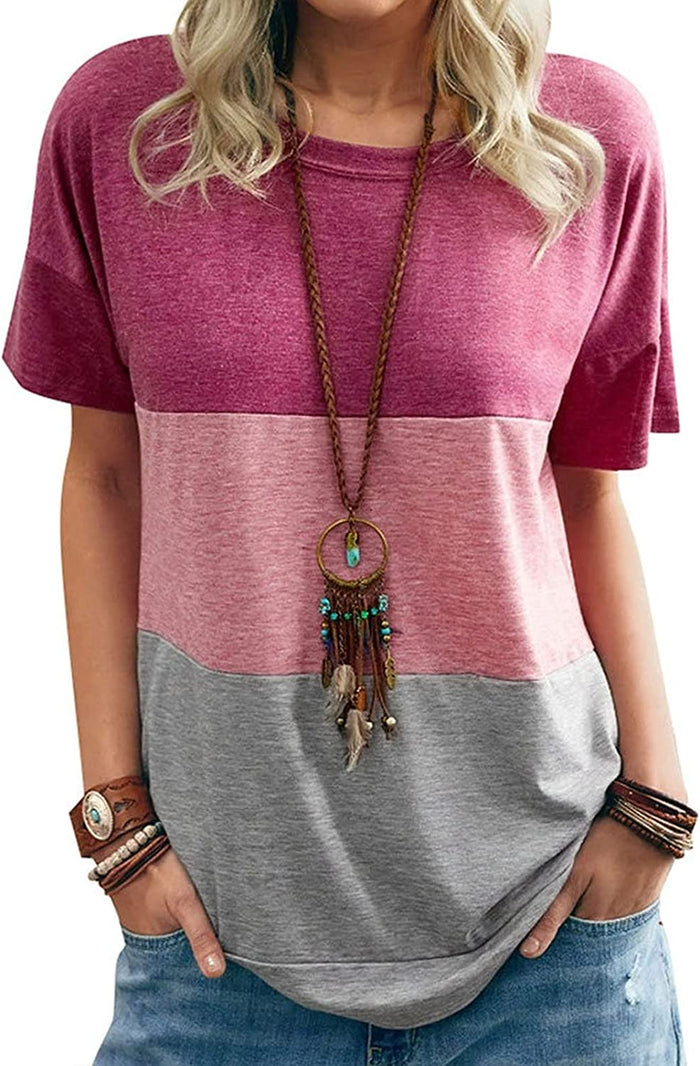 Women Round Neck Triple Color Block T-Shirt Tunic Shirt