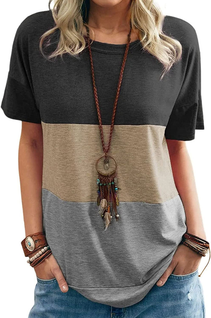 Women Round Neck Triple Color Block T-Shirt Tunic Shirt