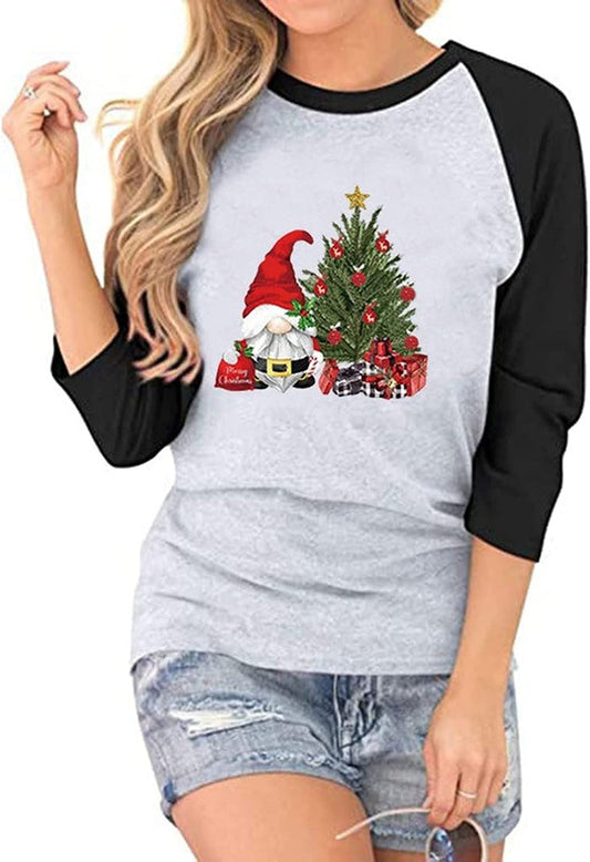 Women Santa Claus Christmas Tree Seven-Point Stitching Raglan Sleeves T-Shirt