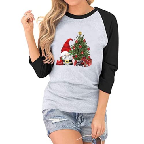Women Santa Claus Christmas Tree Seven-Point Stitching Raglan Sleeves T-Shirt