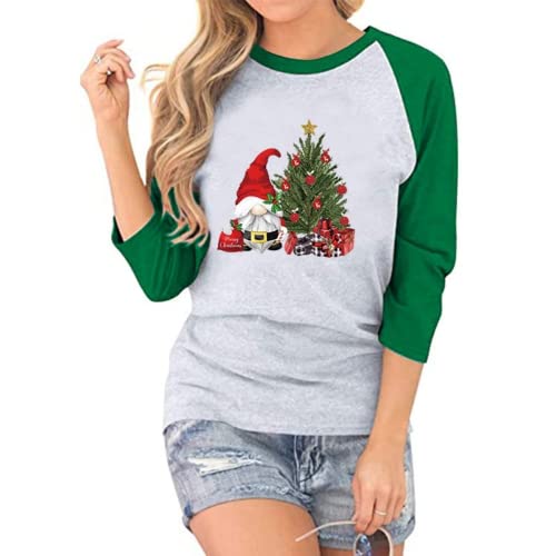 Women Santa Claus Christmas Tree Seven-Point Stitching Raglan Sleeves T-Shirt
