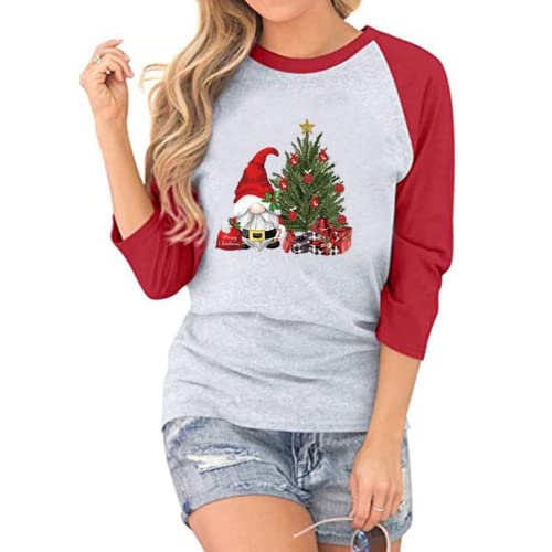Women Santa Claus Christmas Tree Seven-Point Stitching Raglan Sleeves T-Shirt
