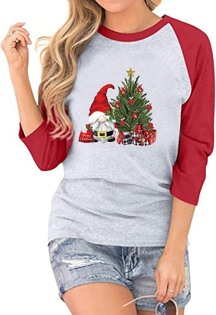 Women Santa Claus Christmas Tree Seven-Point Stitching Raglan Sleeves T-Shirt