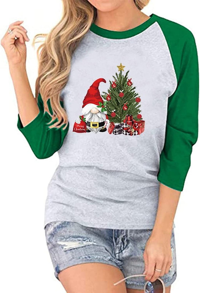 Women Santa Claus Christmas Tree Seven-Point Stitching Raglan Sleeves T-Shirt