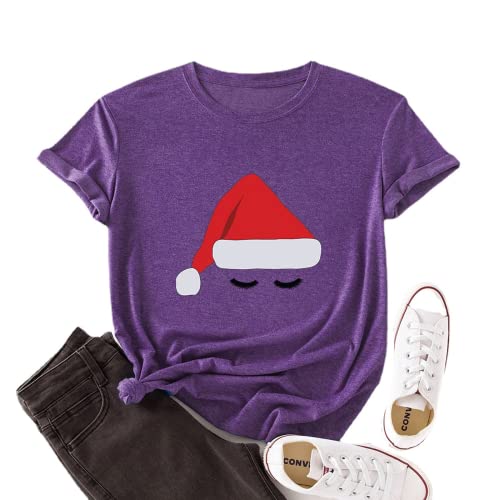 Women Santa Hat Cute Eyes Graphic Christmas T-Shirt