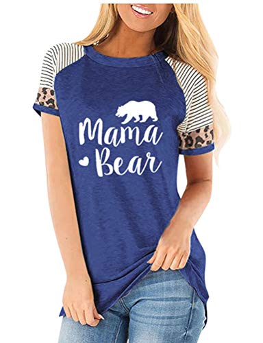 Women Short Leopard & Stripe Sleeve Mama Bear T-Shirt