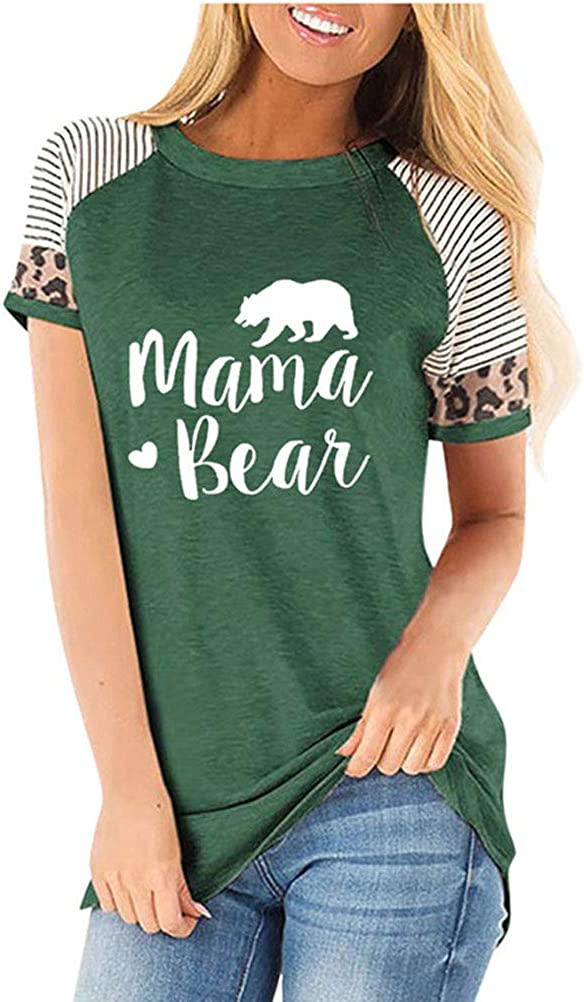 Women Short Leopard & Stripe Sleeve Mama Bear T-Shirt