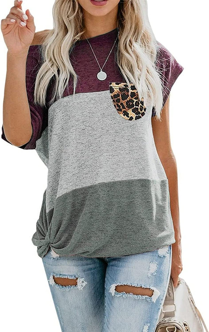 Women Short Sleeve Casual Color Block T-Shirt Basic Tee Shirts Tops with Pocket