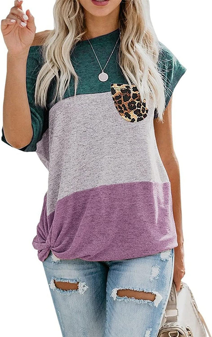 Women Short Sleeve Casual Color Block T-Shirt Basic Tee Shirts Tops with Pocket