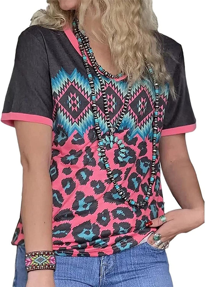 Women Short Sleeve Floral Print Shirt Tops Bohemian Tee Shirt