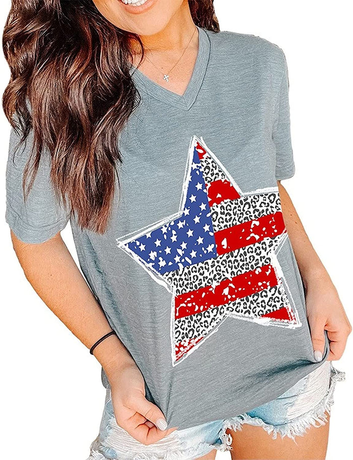 Women Short Sleeve Patriotic Star T-Shirt American Flag Shirt