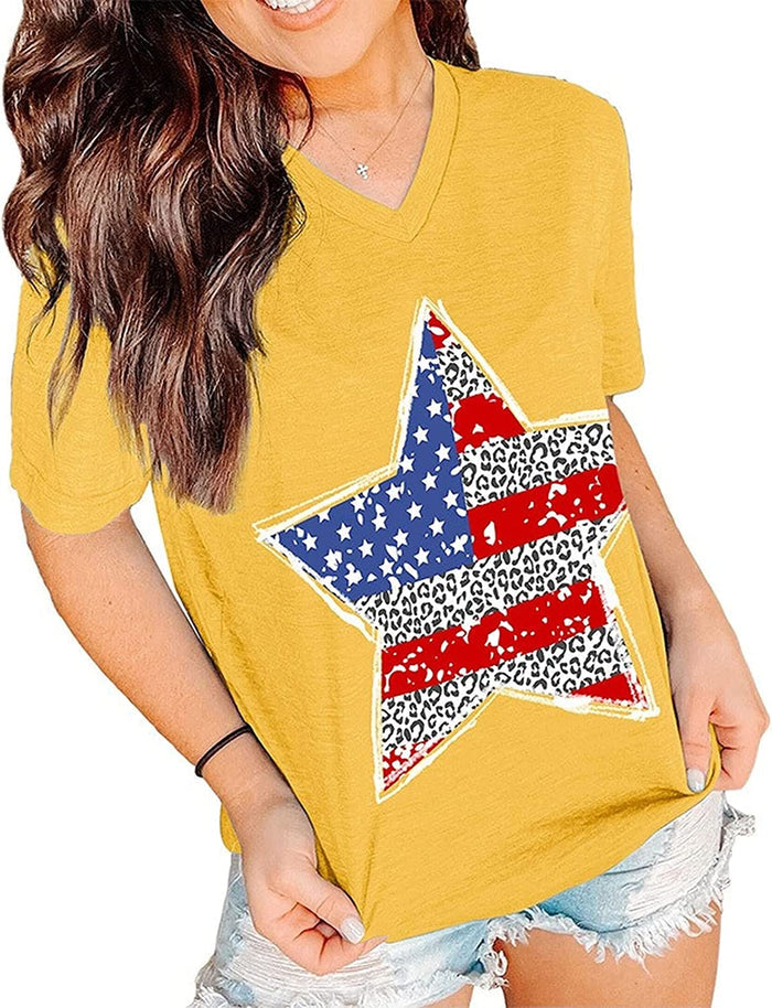 Women Short Sleeve Patriotic Star T-Shirt American Flag Shirt