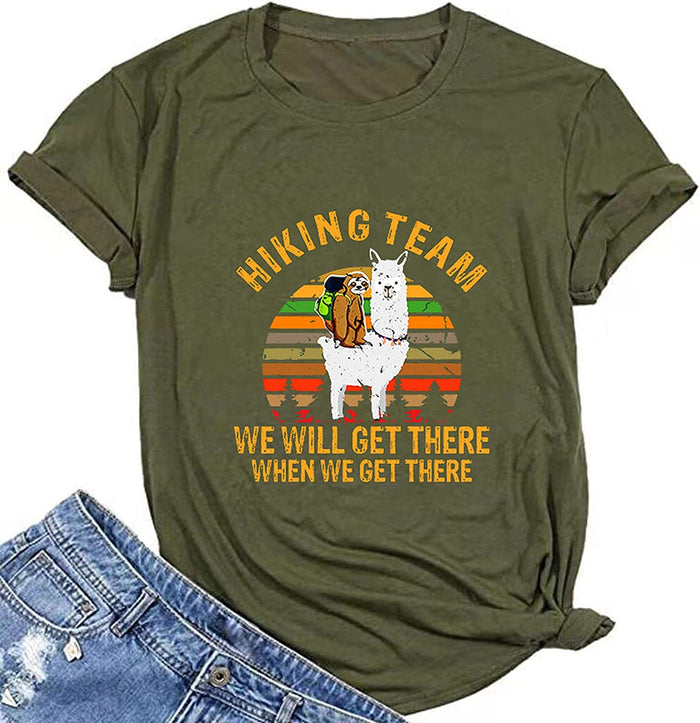 Women Sloth Llama Hiking Team T-Shirt Funny Llama Sloth Graphic Shirt