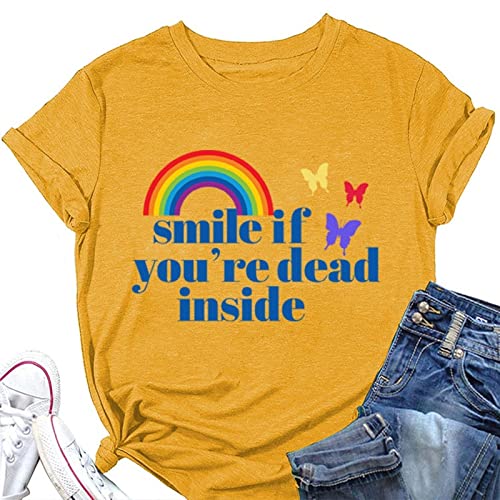 Women Smile If Youre Dead Inside T-Shirt Funny Rainbow Graphic Shirt for Women