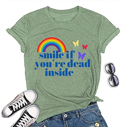 Women Smile If Youre Dead Inside T-Shirt Funny Rainbow Graphic Shirt for Women