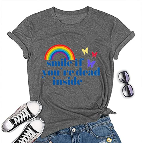 Women Smile If Youre Dead Inside T-Shirt Funny Rainbow Graphic Shirt for Women