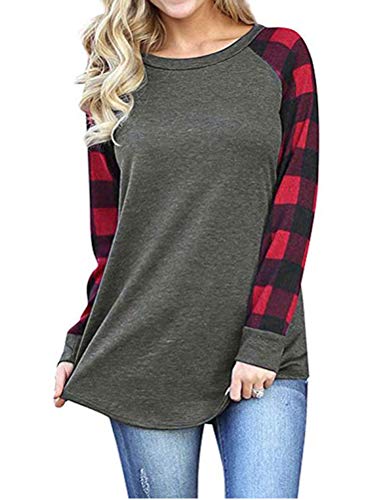 Women Solid Color Blouse Plaid Sleeve Tunic Shirt