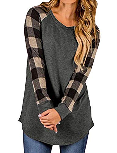 Women Solid Color Blouse Plaid Sleeve Tunic Shirt