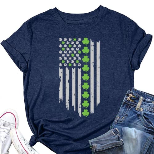 Women St Patricks Day USA Flag Shamrock Clover Tee Shirt