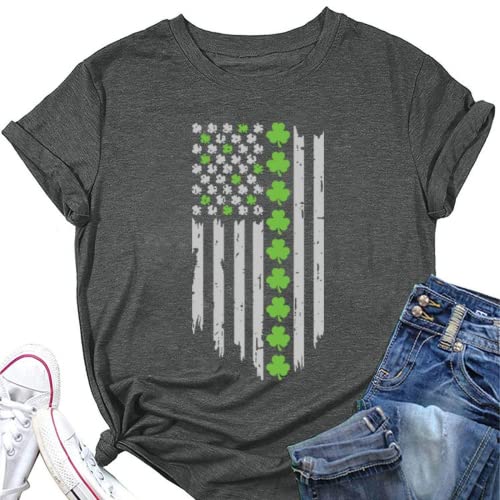 Women St Patricks Day USA Flag Shamrock Clover Tee Shirt