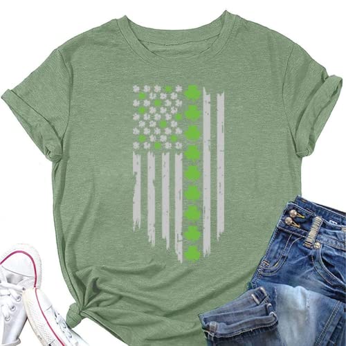 Women St Patricks Day USA Flag Shamrock Clover Tee Shirt