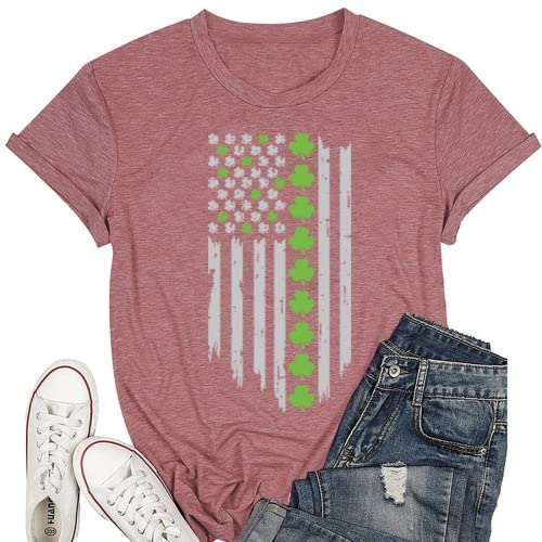 Women St Patricks Day USA Flag Shamrock Clover Tee Shirt
