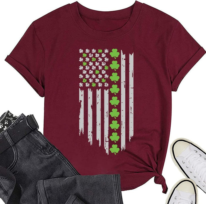 Women St Patricks Day USA Flag Shamrock Clover Tee Shirt