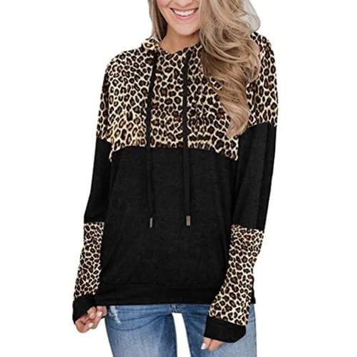 Women Stitching Leopard Print Hooded Long Sleeve Sweater
