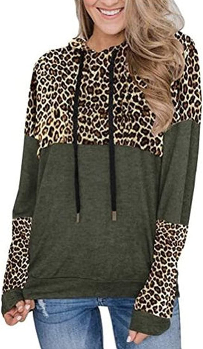 Women Stitching Leopard Print Hooded Long Sleeve Sweater