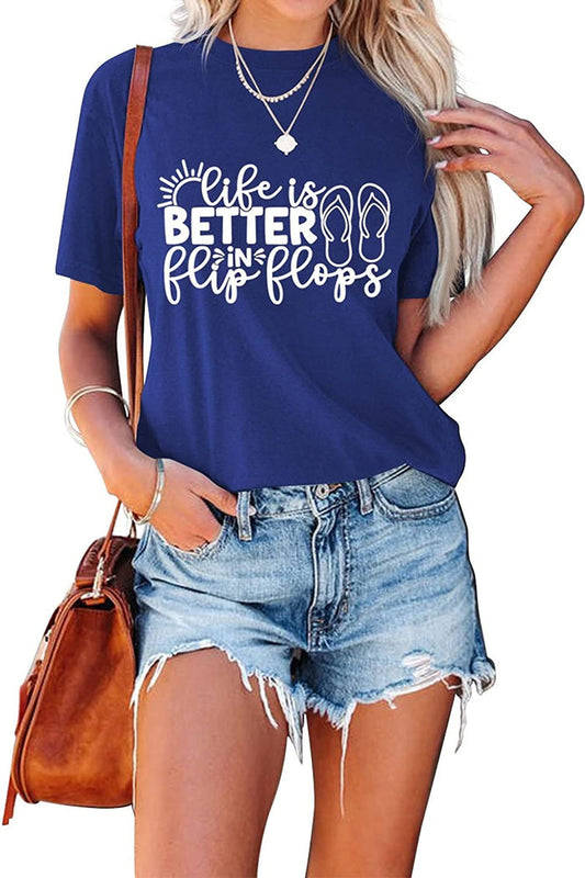 Women Summer Ocean Vacation Tees Tops Life is Better in Flip Flops T-Shirt