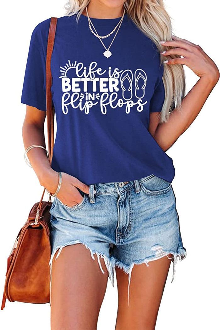 Women Summer Ocean Vacation Tees Tops Life is Better in Flip Flops T-Shirt