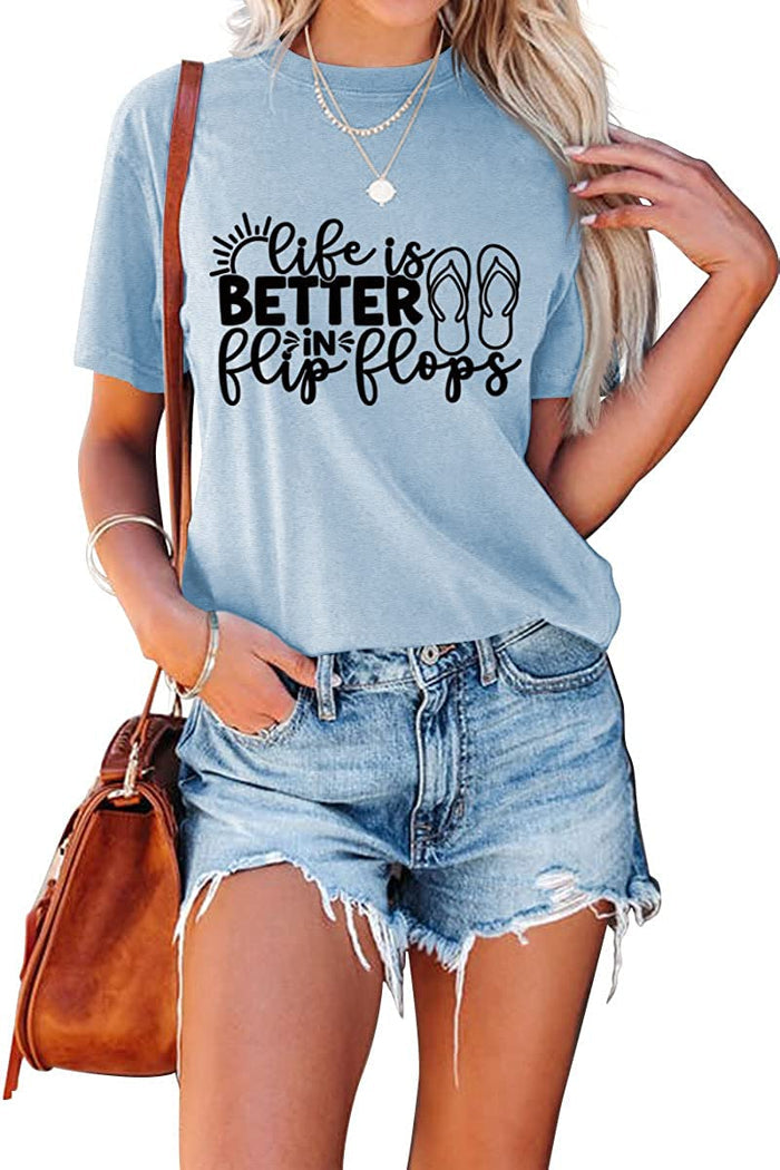 Women Summer Ocean Vacation Tees Tops Life is Better in Flip Flops T-Shirt