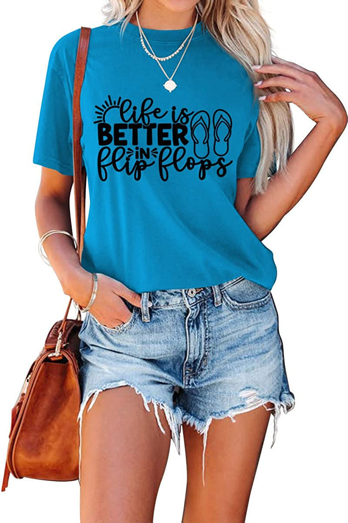 Women Summer Ocean Vacation Tees Tops Life is Better in Flip Flops T-Shirt